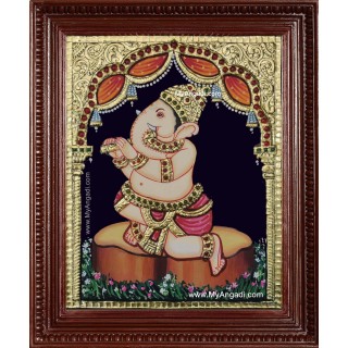 Music Ganesha Playing Flute Tanjore Painting