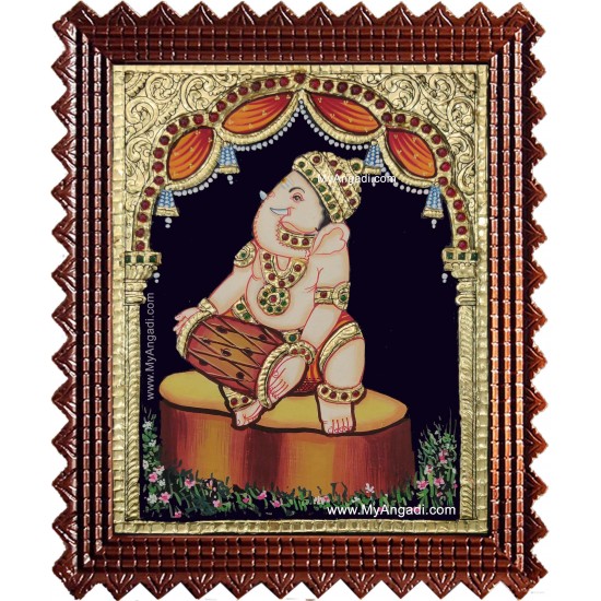 Music Ganesha Playing Mridangam Tanjore Painting