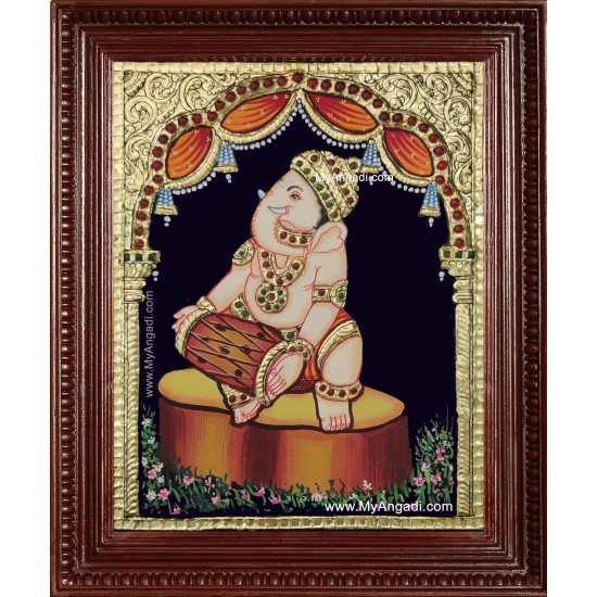 Music Ganesha Playing Mridangam Tanjore Painting