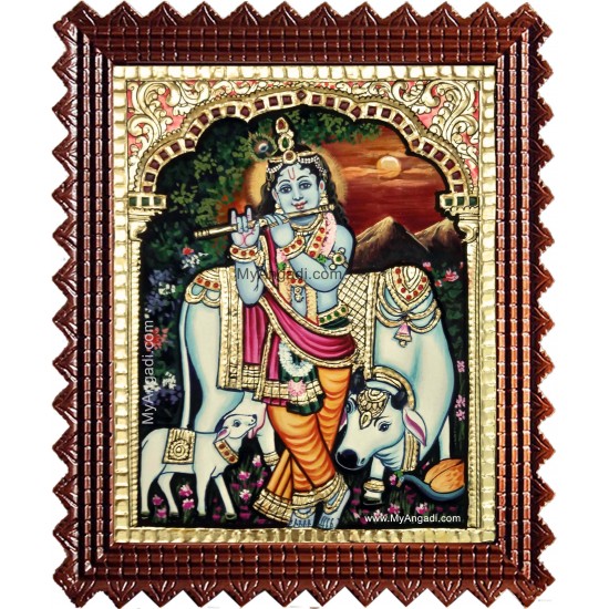 Cow Krishna With Flute Tanjore Painting Cow Krishna With Flute Tanjore Painting