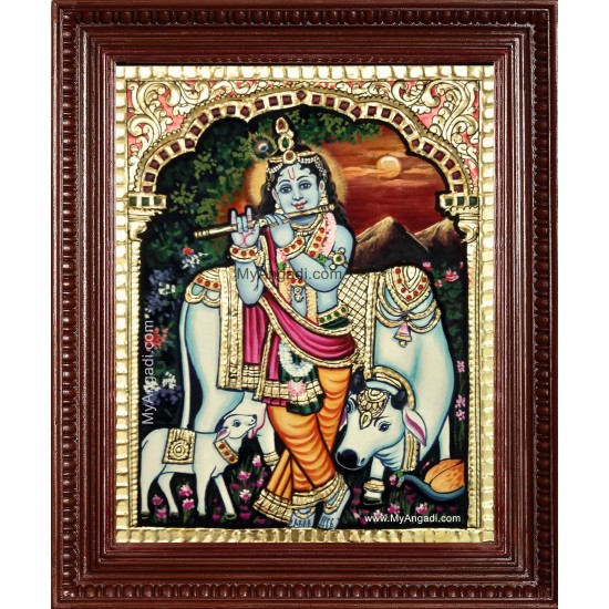 Cow Krishna With Flute Tanjore Painting Cow Krishna With Flute Tanjore Painting