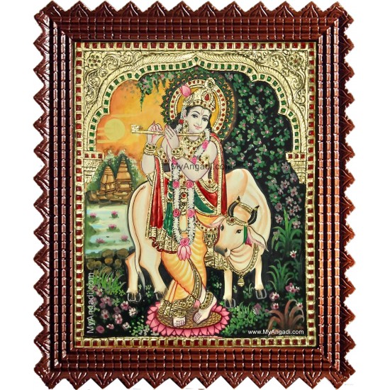 Krishna With Flute Komatha Tanjore Painting