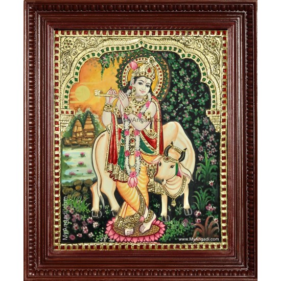 Krishna With Flute Komatha Tanjore Painting