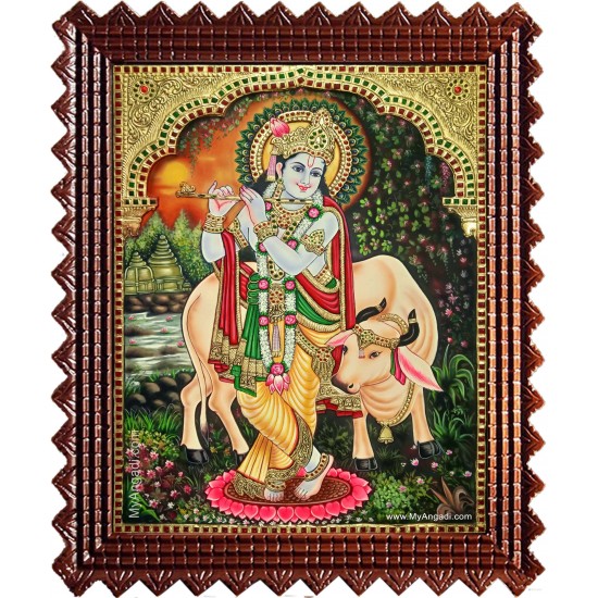 Krishna With Flute Cow Tanjore Painting