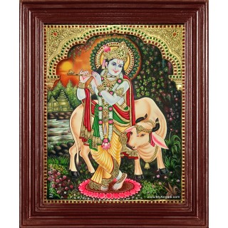 Krishna With Flute Cow Tanjore Painting