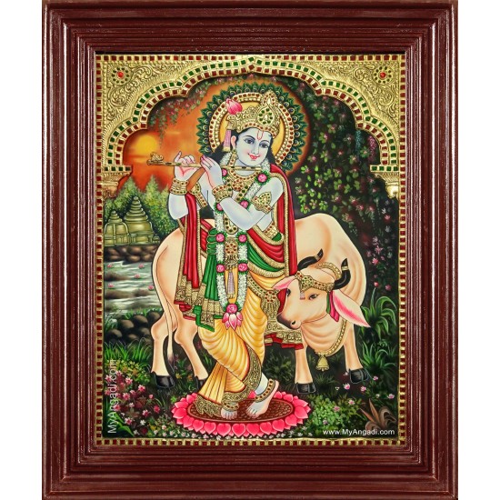 Krishna With Flute Cow Tanjore Painting Krishna With Flute Cow Tanjore Painting