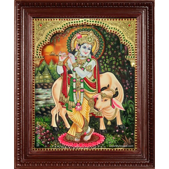 Krishna With Flute Cow Tanjore Painting Krishna With Flute Cow Tanjore Painting