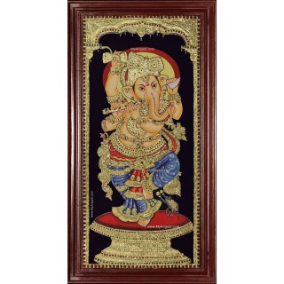 Ganesha Playing Flute Tanjore Painting