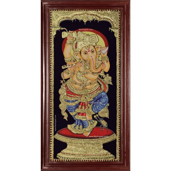 Ganesha Playing Flute Tanjore Painting Ganesha Playing Flute Tanjore Painting