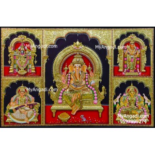 Balaji, Lakshmi, Ganesha, Saraswathi and Murugan - 5 Panel 3d Tanjore Painting