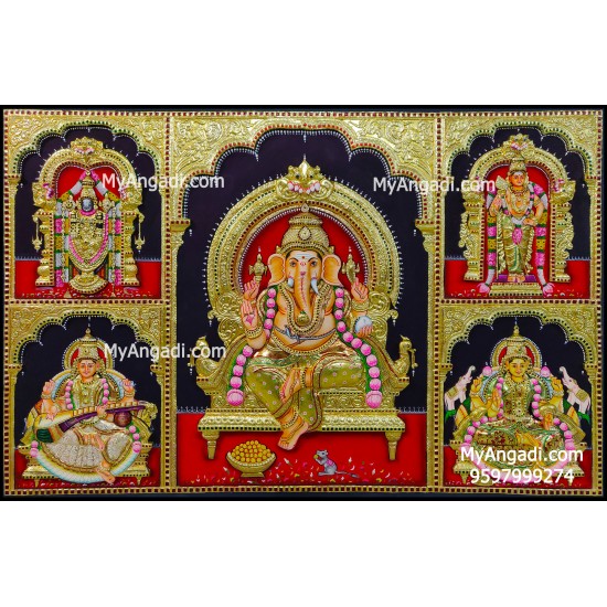 Balaji, Lakshmi, Ganesha, Saraswathi and Murugan - 5 Panel 3d Tanjore Painting Balaji, Lakshmi, Ganesha, Saraswathi and Murugan - 5 Panel 3d Tanjore Painting