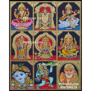 Lakshmi, Balaji, Saraswathi, Murugan, Aiyappan, Ganesha, Krishna, Hanuman, Saibaba 9 Panel Tanjore Painting