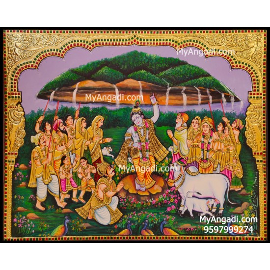 Krishnar Lifting Govardhana Hill Tanjore Painting