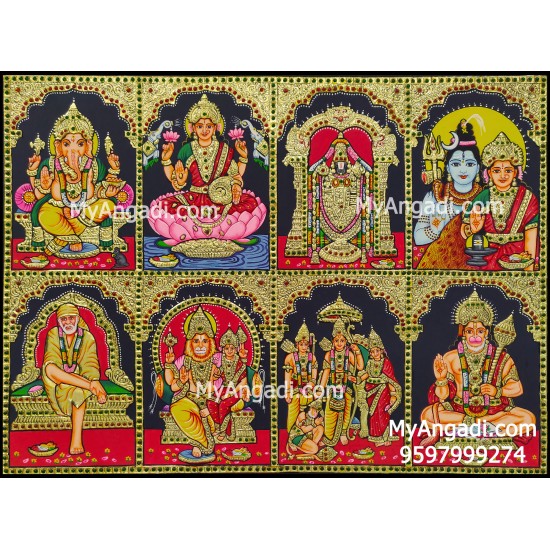 Ganesha, Balaji, Lakshmi, Shivan Parvathi, Saibaba, Lakshmi Narasimmar, Ram Sita, Hanuman - 8 Panel Tanjore Painting