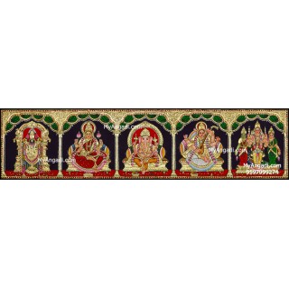 Balaji, Lakshmi, Ganesha, Saraswathi and Murugan - 5 Panel Tanjore Painting