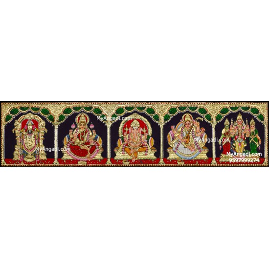 Balaji, Lakshmi, Ganesha, Saraswathi and Murugan - 5 Panel Tanjore Painting