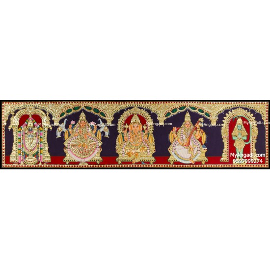 Balaji, Lakshmi, Ganesha, Saraswathi and Hanuman- 5 Panel Tanjore Painting
