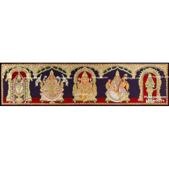 Balaji, Lakshmi, Ganesha, Saraswathi and Hanuman- 5 Panel Tanjore Painting Balaji, Lakshmi, Ganesha, Saraswathi and Hanuman- 5 Panel Tanjore Painting