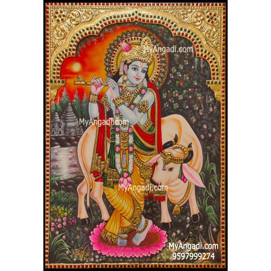 Krishna With Flute Cow Tanjore Painting Krishna With Flute Cow Tanjore Painting