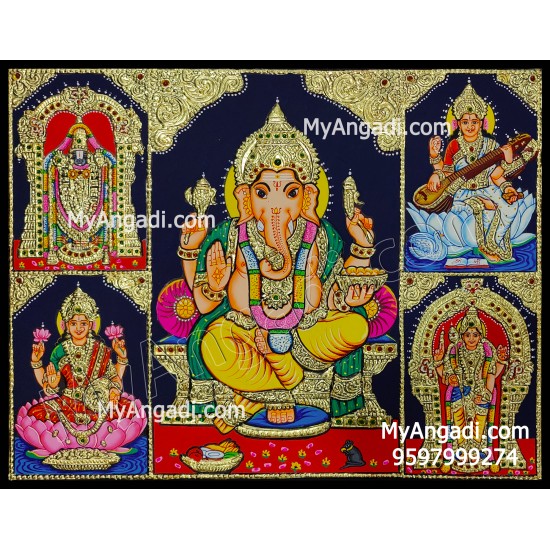 5 God - Ganesha, Lakshmi, Saraswathi, Balaji, Murugan Tanjore Paintings 5 God - Ganesha, Lakshmi, Saraswathi, Balaji, Murugan Tanjore Paintings