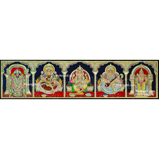 Balaji, Lakshmi, Ganesha, Saraswathi and Murugan - 5 Panel Tanjore Painting