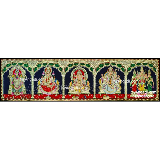 Balaji, Lakshmi, Ganesha, Saraswathi and Murugan - 5 Panel Tanjore Painting Balaji, Lakshmi, Ganesha, Saraswathi and Murugan - 5 Panel Tanjore Painting
