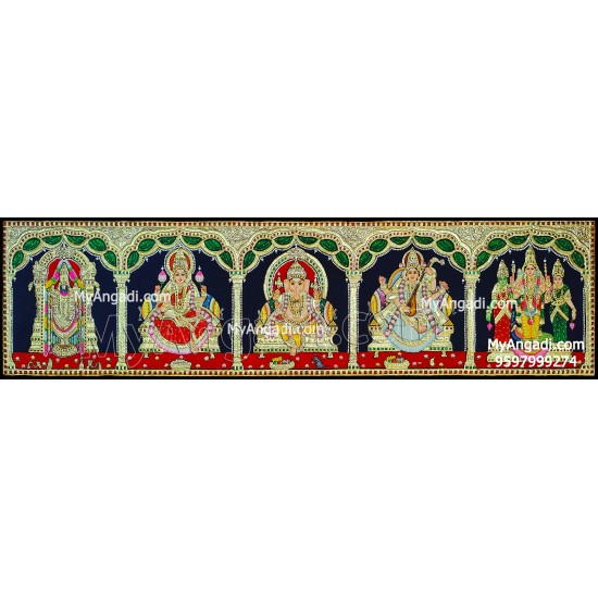 Balaji, Lakshmi, Ganesha, Saraswathi and Murugan - 5 Panel Tanjore Painting