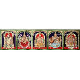 Balaji, Lakshmi, Ganesha, Saraswathi and Murugan - 5 Panel Tanjore Painting