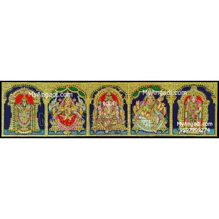 Balaji, Lakshmi, Ganesha, Saraswathi and Murugan- 5 Panel Tanjore Painting