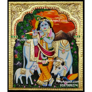 Krishna With Flute and Cow Tanjore Paintings