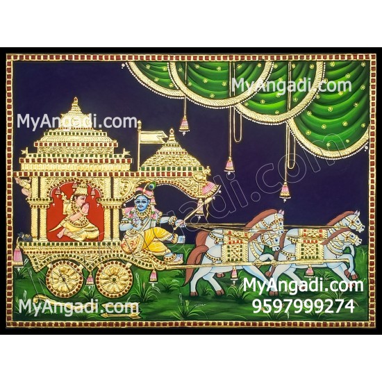 Geetha Saaram Tanjore Painting, Geetha Saram Tanjore Painting, Krishna Arjuna Chariot Tanjore Painting