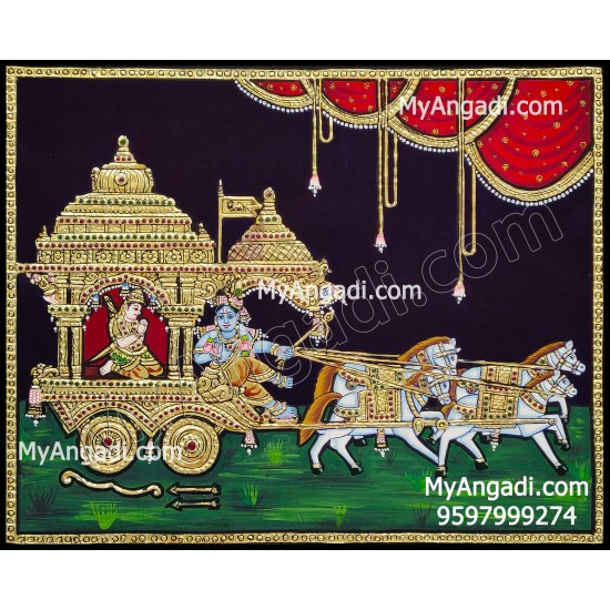 Geetha Saaram Tanjore Painting, Krishna Arjuna Chariot Tanjore Painting Geetha Saaram Tanjore Painting, Krishna Arjuna Chariot Tanjore Painting