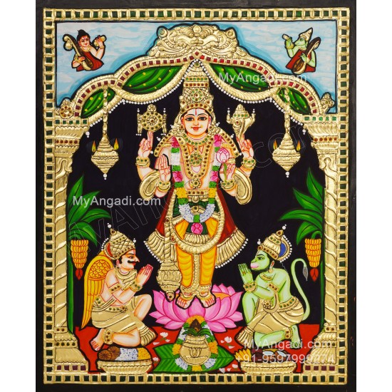 Vishnu With Hanuman and GarudanTanjore Painting