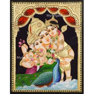 Parvathi Ganesha Murugan Tanjore Painting