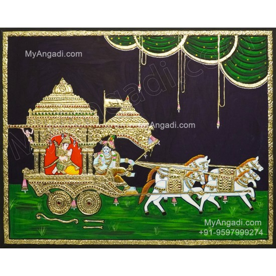 Geetha Saaram Tanjore Painting, Geetha Saram Tanjore Painting, Krishna Arjuna Chariot Tanjore Painting