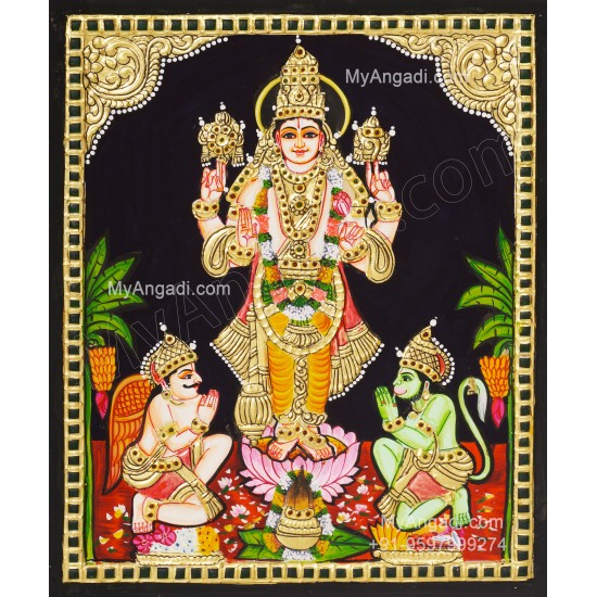 Vishnu With Garudan Hanuman Tanjore Painting