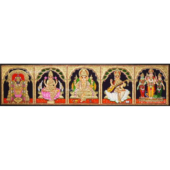 5 Panel Balaji Lakshmi Murugan Ganesha Saraswathi Tanjore Painting