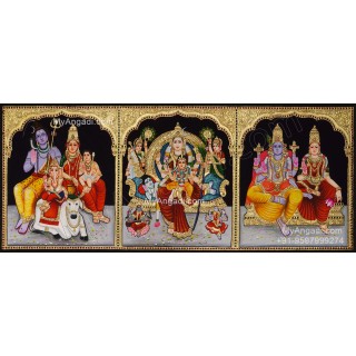 3 Panel Sivan Family, Raja Rajeshwari, Vishnu Lakshmi Tanjore Painting