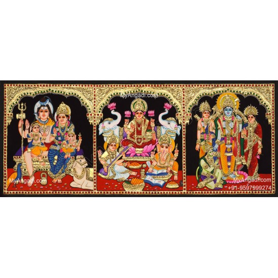 3 Panel Sivan parvathi Gajalskshmi Ram Darbar Tanjore Painting