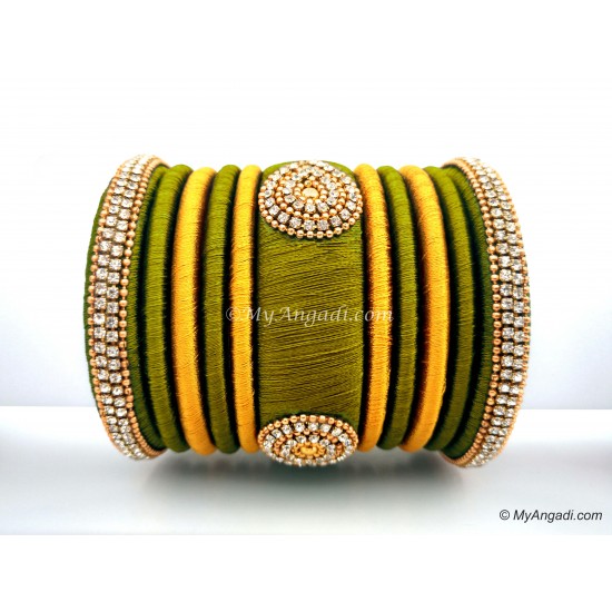 Olive Green with Gold Combination Grand Kada Bridal Silk Thread Bangle Set Olive Green with Gold Combination Grand Kada Bridal Silk Thread Bangle Set