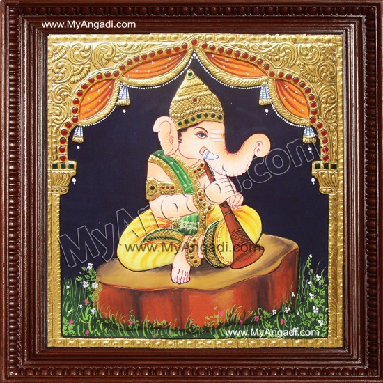 Nava Vinayakar Playing Music Tanjore Painting Nava Vinayakar Playing Music Tanjore Painting