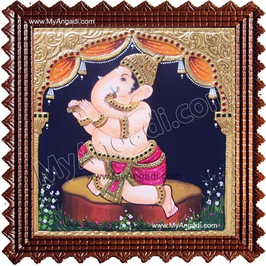Nava Vinayakar Playing Music Tanjore Painting