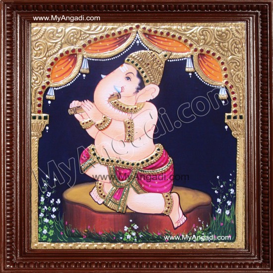 Nava Vinayakar Playing Music Tanjore Painting