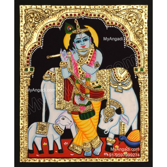 Krishna With Cow and Flute Tanjore Paintings