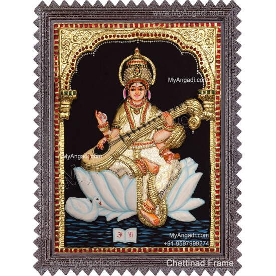 Embossed Saraswathi  3D Tanjore Painting