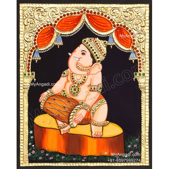 Ganesha Playing Tabla Tanjore Painting