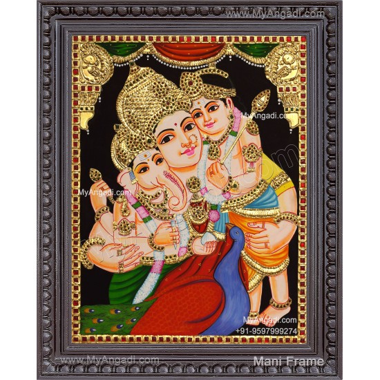 Parvathi Ganesha Murugan Tanjore Painting