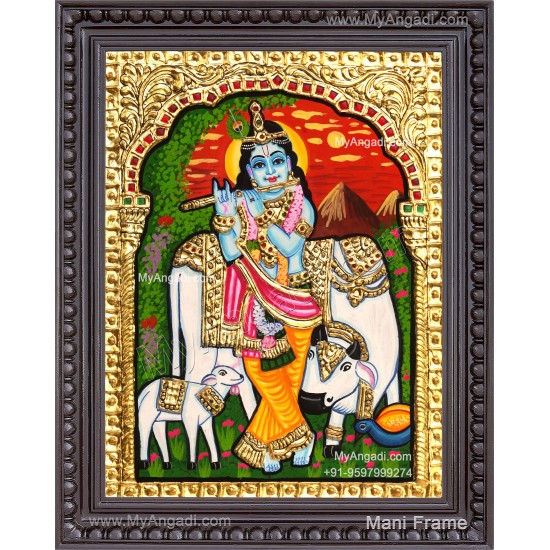 Krishna With Cow Calf Tanjore Paintings