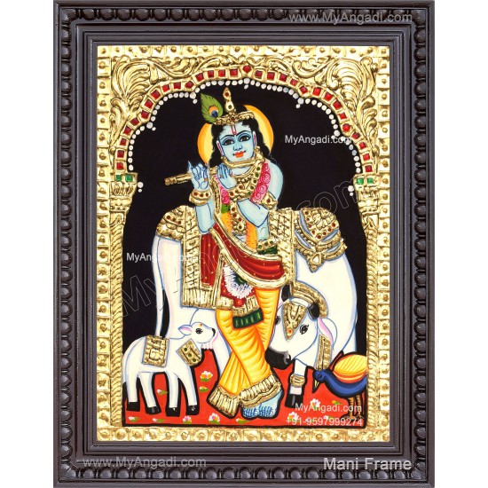 Krishna With Cow Calf and Flute Tanjore Paintings