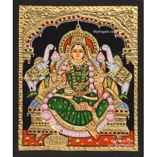 Gajalakshmi with Green Saree Tanjore Painting